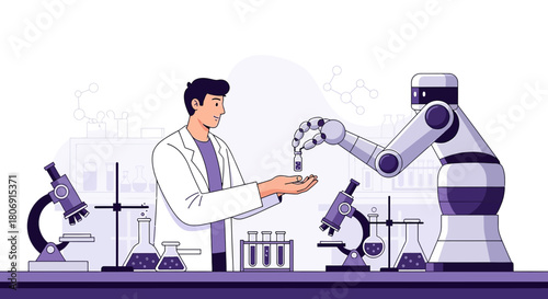 Advancement of science, human collaboration with robot in laboratory for medical research,