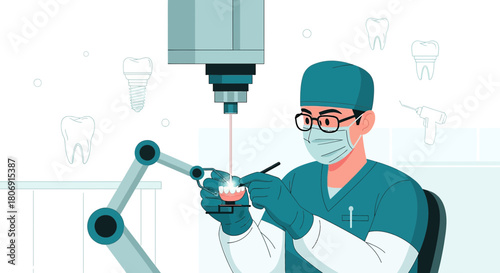 Advancements in modern dentistry, featuring a dentist utilizing robotic assistance for precision
