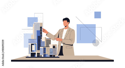 Architect examining the building model with geometric shapes concept for modern architecture or