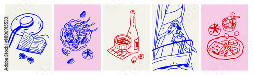 Dolce Vita posters set. Summer holidays, vacation cards in doodle style. Italian drawings, sketches, card designs with book, Mediterranean food, cheese, drink and yacht. Drawn vector illustrations.
