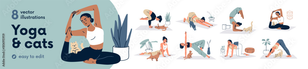 Fototapeta premium Woman doing yoga exercises with cat, set. Female stretching in workout poses on mat with cute feline pet. Training with funny kitty, home animal. Flat vector illustration isolated on white background.
