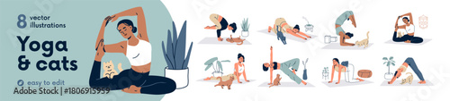 Woman doing yoga exercises with cat, set. Female stretching in workout poses on mat with cute feline pet. Training with funny kitty, home animal. Flat vector illustration isolated on white background.