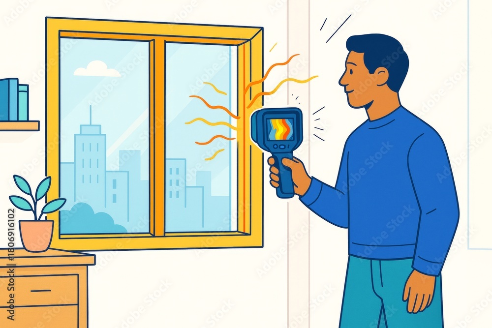 Obraz premium Man using thermal camera to detect heat loss near window inside room with cityscape background and warm light concept illustrated digitally. Ai generative