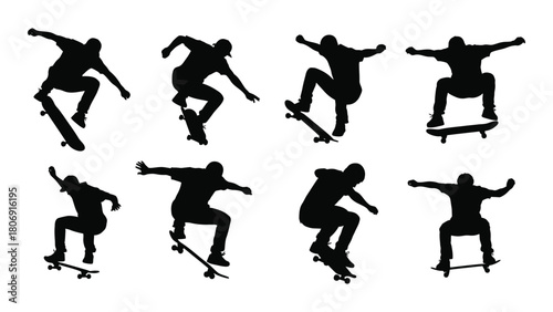 Skateboarder tricks silhouette collection isolated on white background, Vector