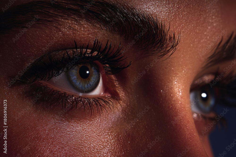 Fototapeta premium Stunning close-up of a captivating blue eye and natural skin texture, an intimate portrait detail shot