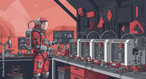 Astronaut Utilizing 3D Printers in a Martian Research Facility for Innovative Construction