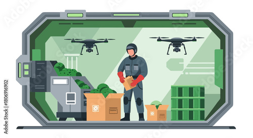 Automated agricultural warehouse operation featuring delivery drones and a worker handling freshly