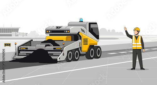 Automated asphalt paver technology at work in an airport with a signal person monitoring the work