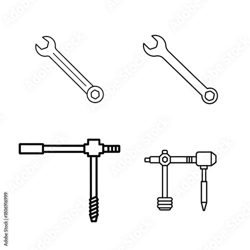 Four black line drawings of tools on a white background wrench spanner