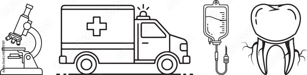 Obraz premium Medical Icons: Microscope, Ambulance, IV Bag, and Tooth Outline