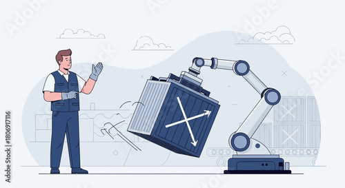 Automated container handling: a robot arm lifting a shipping container with a worker overseeing