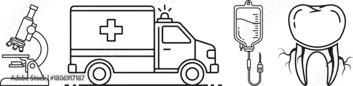 Medical Icons: Microscope, Ambulance, IV Bag, and Tooth Outline
