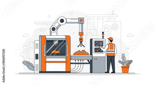 Automated industrial process with robotic arm and operator in modern factory setting