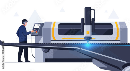 Automated industrial process with metal laser cutting technology and operator control panel at the