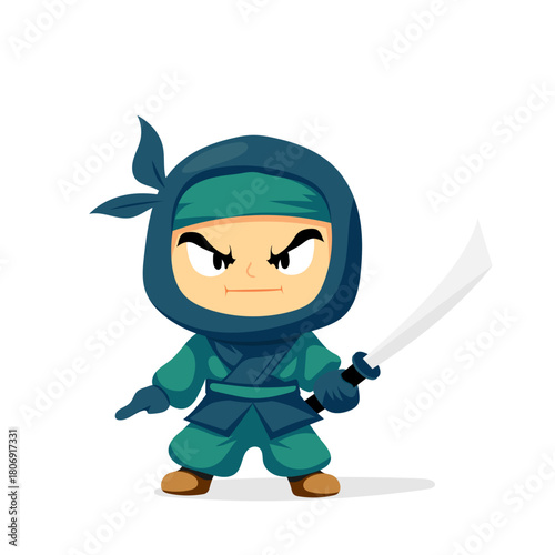 Character illustration of a little ninja ready to fight with a katana in his hand on a white background