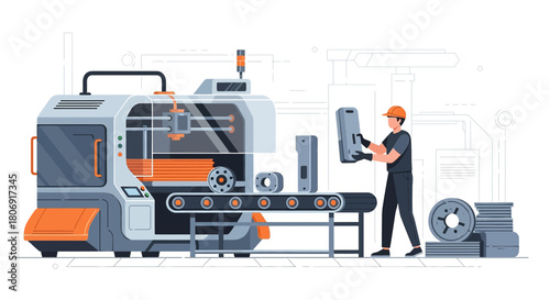 Automated industrial production line with worker assembling parts using advanced machinery