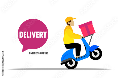 Online shopping vector illustration flat design man on moped delivering package