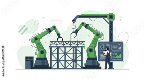 Automated industrial production with robotic arms and operator monitoring progress, precision