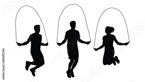 People jumping rope silhouettes isolated on white background, Vector