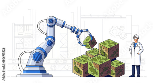Automated manufacturing: A robotic arm assembling natural cubes under observation of a engineer