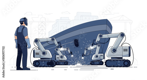 Automated marine construction scene depicting robotic welders repairing a ship's hull efficiently