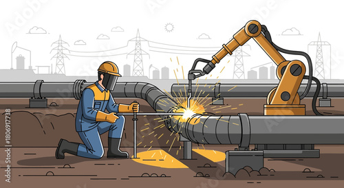 Automated pipeline construction scene featuring robotic welding and a manual technician assisting