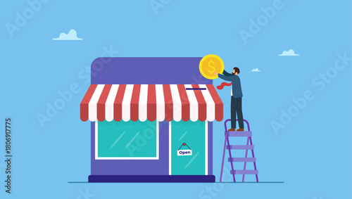 Businessman hand funding by put coin into small business store. Funding small business, backing startup project or banking loan to start new business, investment or saving to open new shop.