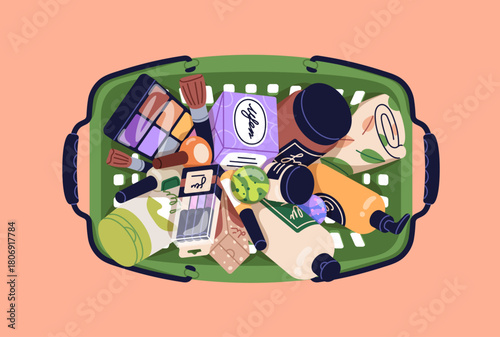 Cosmetics, beauty and hygiene product in plastic shopping basket. Cosmetic and spa purchases, top view. Shampoo bottles, makeup supplies, perfume, cream, bathroom goods. Flat vector illustration.