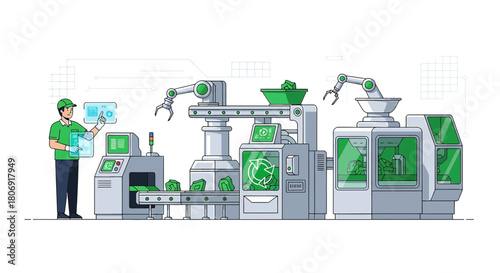 Automated recycling process with robotic arms and monitoring by a worker using digital interfaces