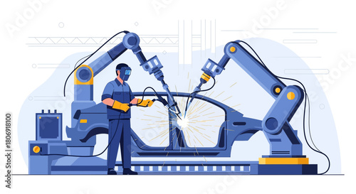 Automated vehicle assembly: robotic arms and human collaboration in car manufacturing