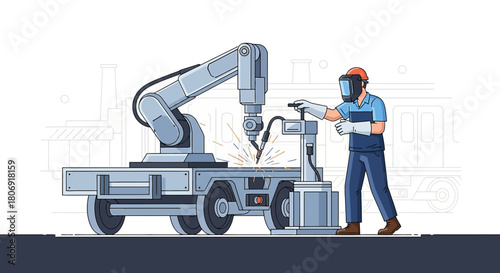 Automated welding station with robotic arm and worker offering automated precision manufacturing