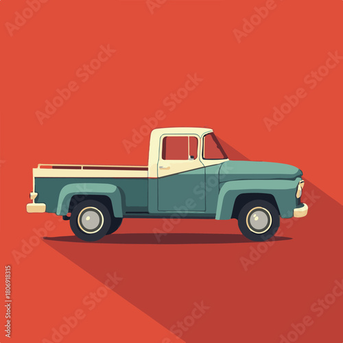 Vector Illustration of Vintage Pickup Truck in Retro Style with Simplified Geometric Shapes and Muted Color Palette