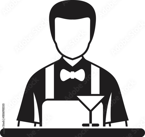 Bartender with bow tie preparing cocktail behind bar counter, hospitality industry icon in solid black style