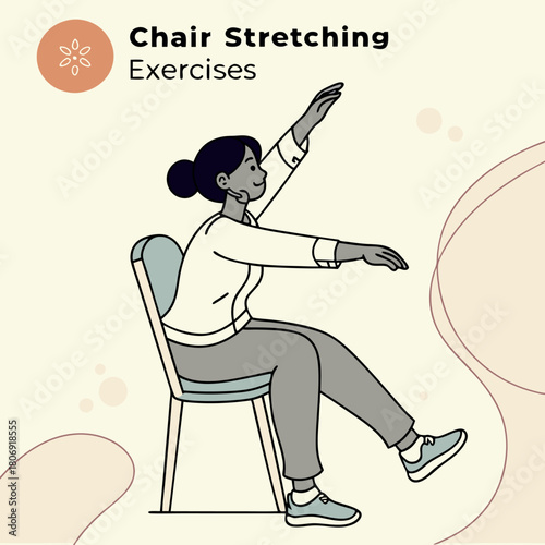 Chair stretching and seated yoga pose illustration showing simple office exercises, ergonomic wellness movements, flexibility training, and workplace fitness