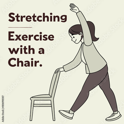 Chair stretching exercises set for women, fitness and flexibility workout at home or office, healthy lifestyle, wellness, yoga, and exercise routine illustrations