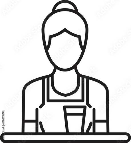 Line drawing of a bartender serving drinks, wearing an apron and hair bun, behind the bar counter