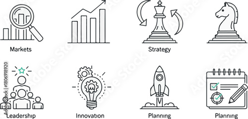 Business strategy and planning icon set showcasing leadership, innovation, market growth, analytics, strategic thinking, and organizational development