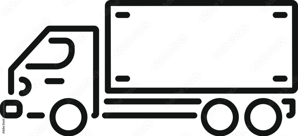 Fototapeta premium Simple black and white line art icon of a delivery truck, symbolizing shipping, logistics, and transportation