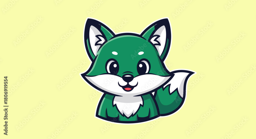 Obraz premium Cute Green Fox Cartoon Character Illustration.