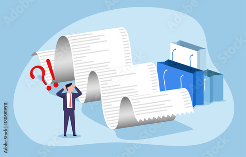 A businessman looking confused and stressed beside an extremely long receipt and several shopping bags, he's surprised and concerned by the high cost of his purchases. Concept of excessive consumption