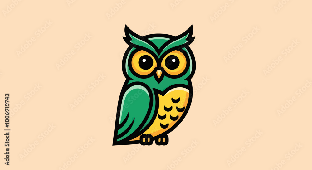 Fototapeta premium Cute cartoon owl illustration with green and yellow colors.