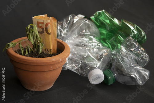 dead plant with euro money in pot next to crushed plastic bottles
