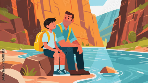 Illustration Of A Father And Son Sitting Around A River Vector Design Template