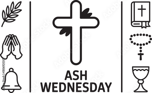 Ash wednesday christian religious lent symbol icon set drawing vector illustration concept elements