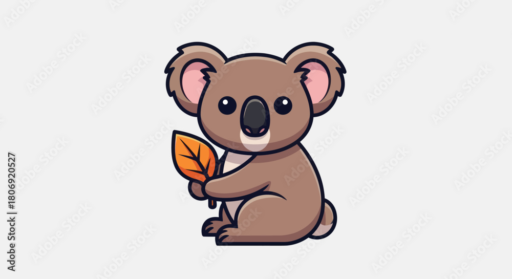Naklejka premium Cute cartoon koala character sitting and holding a leaf.