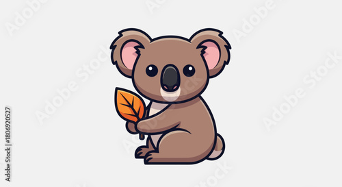 Cute cartoon koala character sitting and holding a leaf.