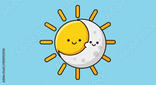 Cute cartoon sun and moon embracing each other on a light blue background.