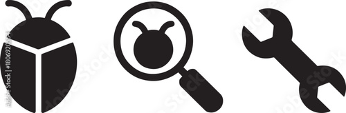 Debugging Concept Bug Magnifying Glass and Wrench Tool Vector Icon Set Software Maintenance and Repair