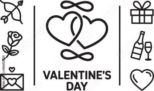 Lovers Day Illustration with Hearts and Affectionate Motifs in Linear Design