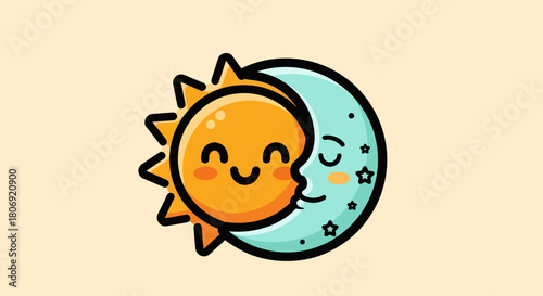 Cute sun and moon embracing each other in a celestial hug.